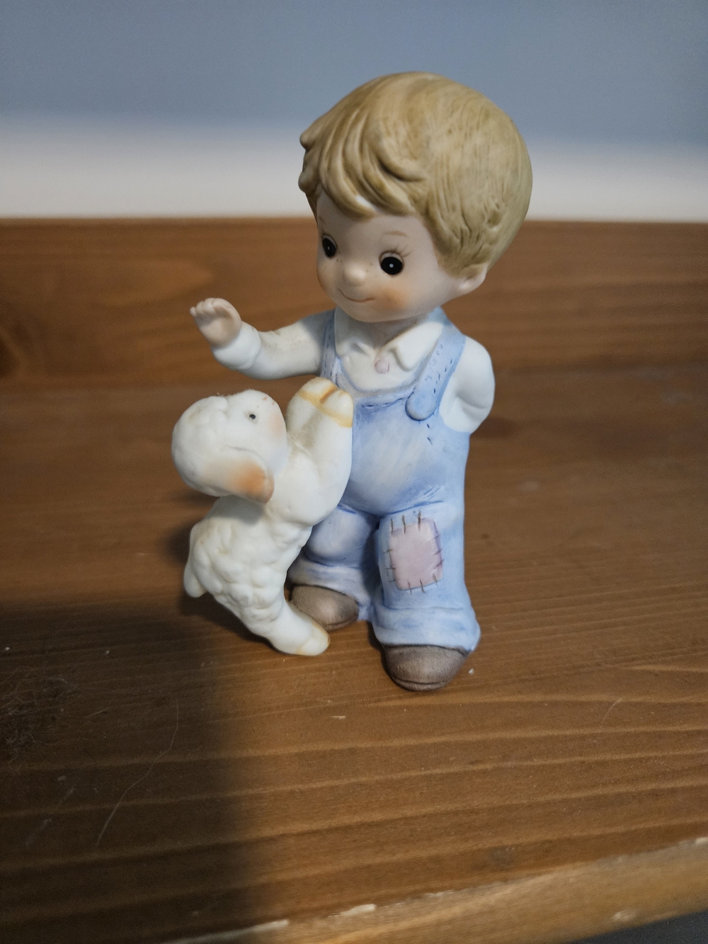 Vintage HOMCO Boy with Lamb Figurine - Blue Overalls